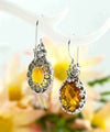 Filigree Art Citrine Gemstone Crown Figured Women Silver Oval Drop Earrings