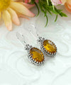 Filigree Art Citrine Gemstone Heart Detailed Women Silver Oval Drop Earrings