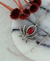 Filigree Art Coral Gemstone 3D Lotus Flower Women Silver Pendant Necklace
