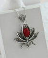 Filigree Art Coral Gemstone 3D Lotus Flower Women Silver Pendant Necklace
