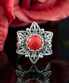 Filigree Art Coral Gemstone Daisy Flower Women Silver Cocktail Ring