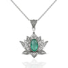 Filigree Art Emerald Gemstone Blossoming Lotus Flower Women Silver Pendant Necklace