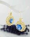 Filigree Art Flower Design Gold Plated Silver Blue Quartz Gemstone Women Drop Earrings