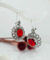 Filigree Art Flower Design Ruby Gemstone Women Silver Drop Earrings