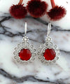 Filigree Art Flower Design Ruby Gemstone Women Silver Drop Earrings