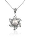 Filigree Art Freshwater Pearl Blossoming Lotus Flower Women Silver Pendant Necklace