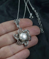 Filigree Art Freshwater Pearl Blossoming Lotus Flower Women Silver Pendant Necklace