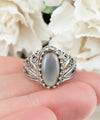 Filigree Art Gray Moonstone Angel Wings Design Women Silver Cocktail Ring