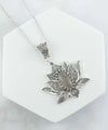 Filigree Art Gray Moonstone Gemstone Blossoming Lotus Flower Women Silver Pendant Necklace