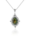 Filigree Art Green Abalone Gemstone Women Silver Oval Pendant Necklace