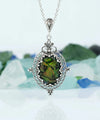 Filigree Art Green Abalone Gemstone Women Silver Oval Pendant Necklace