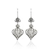 925 Sterling Silver Filigree Art Heart Dangle Drop Earrings