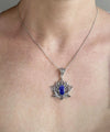 Filigree Art Lapis LazuliGemstone Blossoming Lotus Flower Women Silver Pendant Necklace
