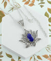 Filigree Art Lapis LazuliGemstone Blossoming Lotus Flower Women Silver Pendant Necklace