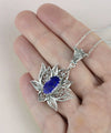 Filigree Art Lapis LazuliGemstone Blossoming Lotus Flower Women Silver Pendant Necklace