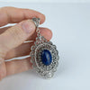 925 Sterling Silver Filigree Art Lapis Lazuli Gemstone Oval Floral Pendant Necklace