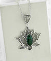 Filigree Art Malachite Gemstone Blossoming Lotus Flower Women Silver Pendant Necklace