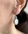 Filigree Art Mother of Pearl Gemstone Heart Detailed Women Silver Oval Drop Earrings
