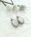 Filigree Art Mother of Pearl Gemstone Heart Detailed Women Silver Oval Drop Earrings