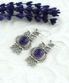 Filigree Art Owl Figured Amethyst Gemstone Women Silver Dangle Earrings