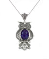 Filigree Art Owl Figured Amethyst Gemstone Women Silver Pendant Necklace
