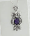 Filigree Art Owl Figured Amethyst Gemstone Women Silver Pendant Necklace