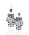 Filigree Art Owl Figured Blue Lace Agate Gemstone Women Silver Dangle Earrings