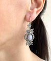 Filigree Art Owl Figured Blue Lace Agate Gemstone Women Silver Dangle Earrings
