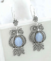 Filigree Art Owl Figured Blue Lace Agate Gemstone Women Silver Dangle Earrings