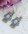 Filigree Art Owl Figured Blue Lace Agate Gemstone Women Silver Dangle Earrings