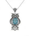 Filigree Art Owl Figured Blue Topaz Gemstone Women Silver Pendant Necklace