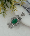 Filigree Art Owl Figured Green Agate Gemstone Women Silver Pendant Necklace