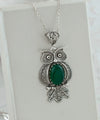 Filigree Art Owl Figured Green Agate Gemstone Women Silver Pendant Necklace