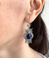Filigree Art Owl Figured Lapis Lazuli Gemstone Women Silver Dangle Earrings