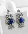 Filigree Art Owl Figured Lapis Lazuli Gemstone Women Silver Dangle Earrings
