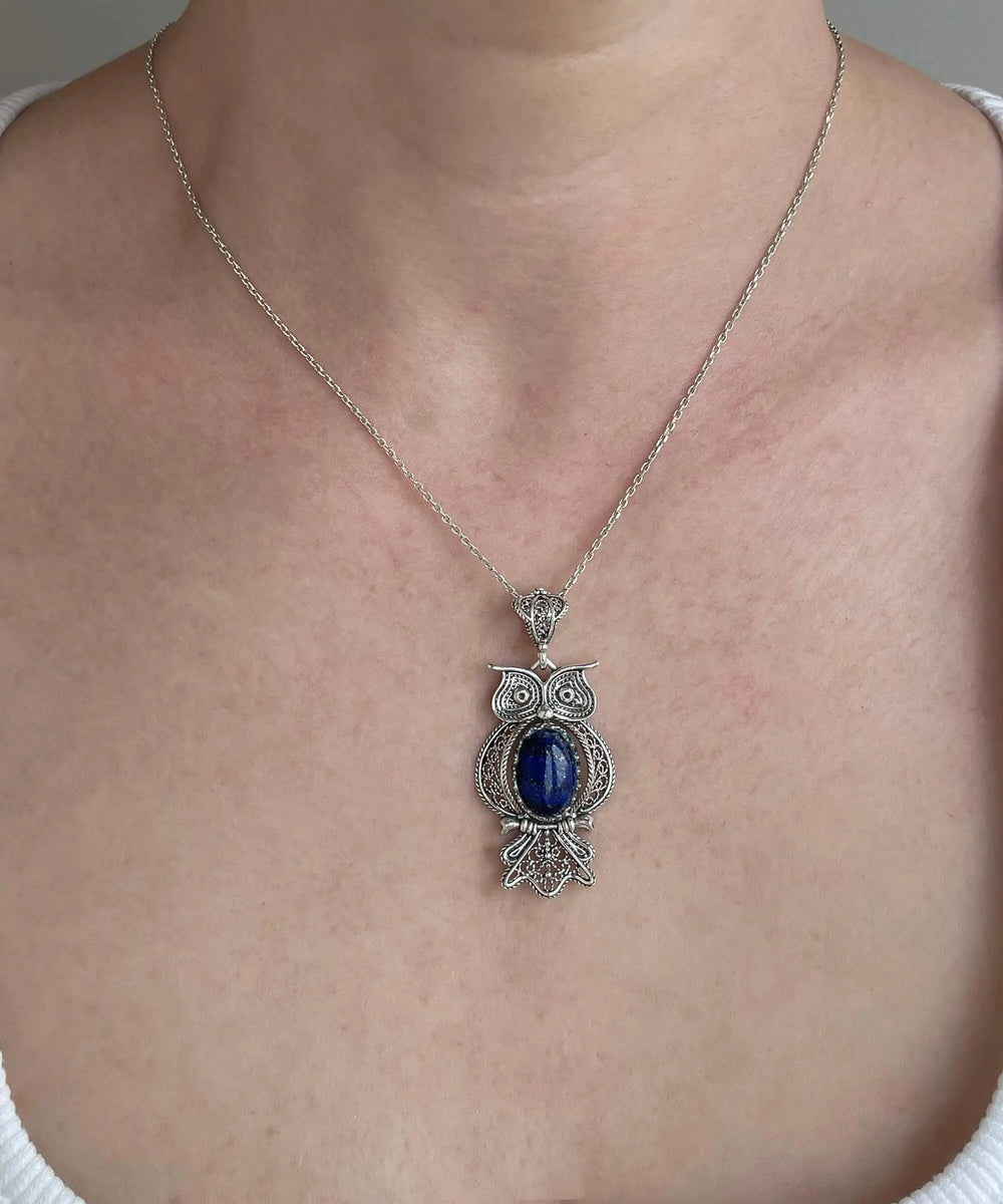 Filigree Art Owl Figured Lapis Lazuli Gemstone Women Silver