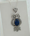 Filigree Art Owl Figured Lapis Lazuli Gemstone Women Silver Pendant Necklace