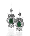 Filigree Art Owl Figured Malachite Gemstone Women Silver Dangle Earrings