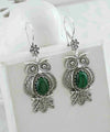 Filigree Art Owl Figured Malachite Gemstone Women Silver Dangle Earrings
