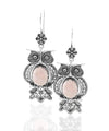 Filigree Art Owl Figured Rose Quartz Gemstone Women Silver Dangle Earrings