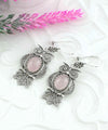 Filigree Art Owl Figured Rose Quartz Gemstone Women Silver Dangle Earrings