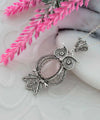 Filigree Art Owl Figured Rose Quartz Gemstone Women Silver Pendant Necklace