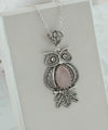 Filigree Art Owl Figured Rose Quartz Gemstone Women Silver Pendant Necklace