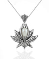 Filigree Art Pearl Gemstone 3D Lotus Flower Women Silver Pendant Necklace