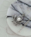 Filigree Art Pearl Gemstone 3D Lotus Flower Women Silver Pendant Necklace