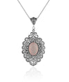 Filigree Art Pink Chalcedony Gemstone Floral Figured Women Silver Oval Pendant Necklace
