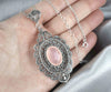 Filigree Art Pink Chalcedony Gemstone Floral Figured Women Silver Oval Pendant Necklace