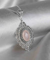 Filigree Art Pink Chalcedony Gemstone Floral Figured Women Silver Oval Pendant Necklace