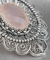 Filigree Art Pink Chalcedony Gemstone Floral Figured Women Silver Oval Pendant Necklace