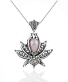 Filigree Art Pink Pearl Gemstone 3D Lotus Flower Women Silver Pendant Necklace